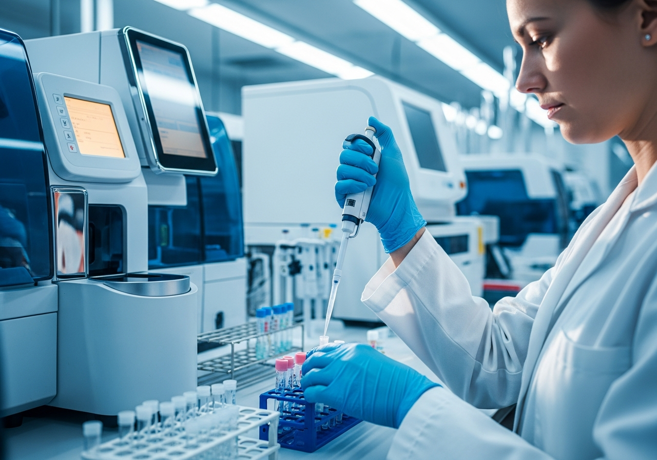 Laboratorista realizando análisis clínicos con pipeta