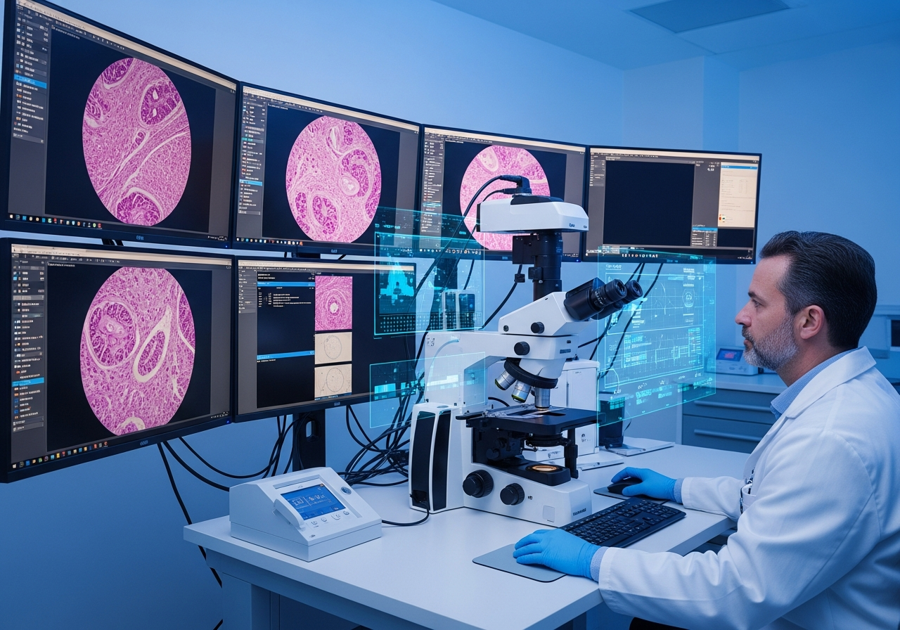 Médico patólogo examinando muestras al microscopio